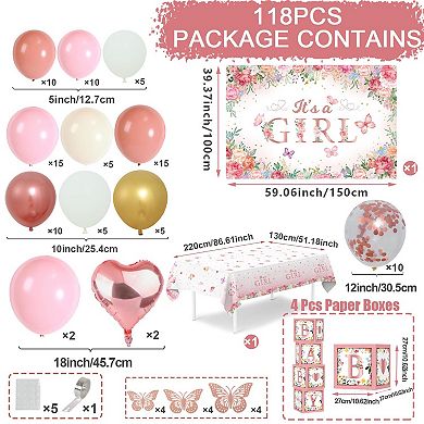 Pink Floral Shower Balloon Arch Kit 118pc with It’s a Backdrop