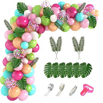 Tropical Balloon Arch Kit, Green & Pink Confetti Balloons 140 pc with Palm Leaves for Decor