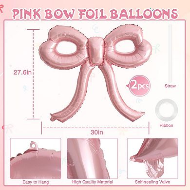 Pink Bow Foil Balloons 2pcs Giant Bows for Shower, Bridal or Birthday Party Decorations