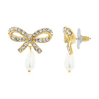 Emberly Gold-Tone Pave Glass Simulated Stone Bow Simulated Pearl Drop Earrings