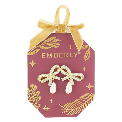 Emberly Gold-Tone Pave Glass Simulated Stone Bow Simulated Pearl Drop Earrings