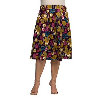 Plus Size 24Seven Comfort Apparel Floral Elastic Waist Pocket Midi Skirt