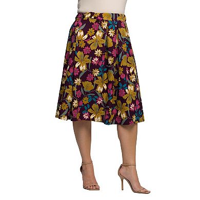 Plus Size 24Seven Comfort Apparel Floral Elastic Waist Pocket Midi Skirt