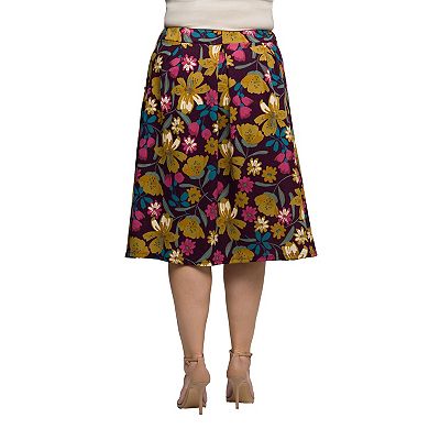 Plus Size 24Seven Comfort Apparel Floral Elastic Waist Pocket Midi Skirt