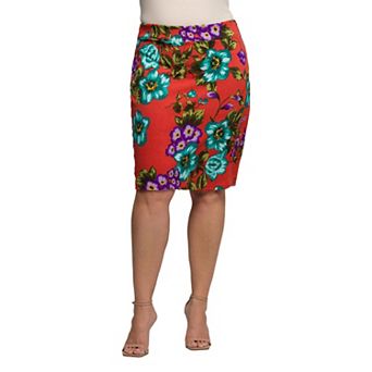 Plus Size 24Seven Comfort Apparel Floral Print Pencil Skirt