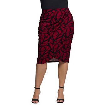 Plus Size 24Seven Comfort Apparel Ruched Print Knee Length Skirt