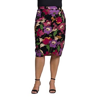 Plus Size 24Seven Comfort Apparel Multi Floral Print Midi Pencil Skirt