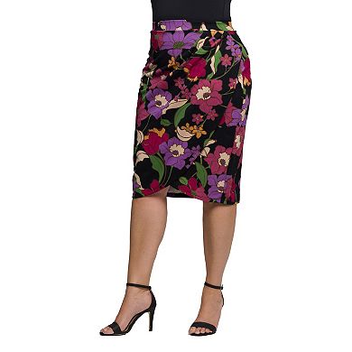 Plus Size 24Seven Comfort Apparel Multi Floral Print Midi Pencil Skirt