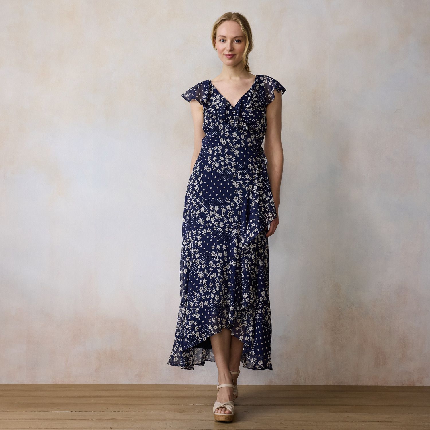 blue wrap dress neckline and tie detail at the side of the waist Women's LC Lauren Conrad Ruffle