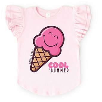 SmileyWorld Cool Summer Ice Cream Pink - Flutter Sleeve Graphic T-Shirt