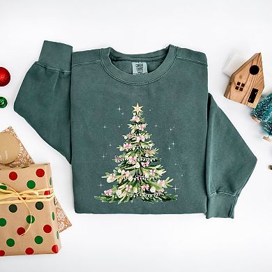 Watercolor Christmas Tree Sparkle - Womens Garment Dyed Sweatshirt
