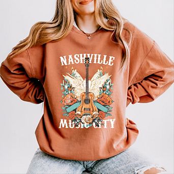 Nashville Music City Guitar Grunge - Womens Lightweight Garment Dyed Sweatshirt