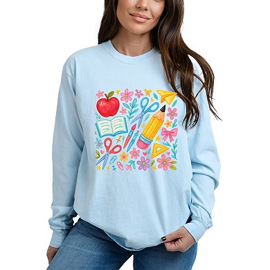 Watercolor Teacher Apple Collage - Womens Garment Dyed Long Sleeve