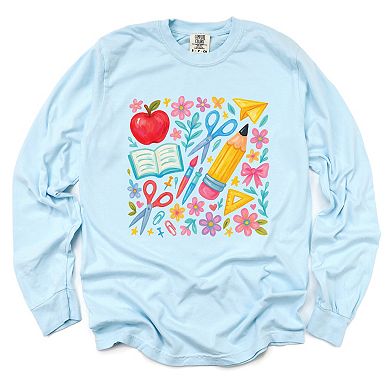 Watercolor Teacher Apple Collage - Womens Garment Dyed Long Sleeve