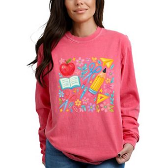 Watercolor Teacher Apple Collage - Womens Garment Dyed Long Sleeve