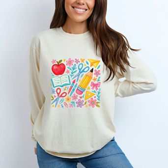 Watercolor Teacher Apple Collage - Womens Garment Dyed Long Sleeve