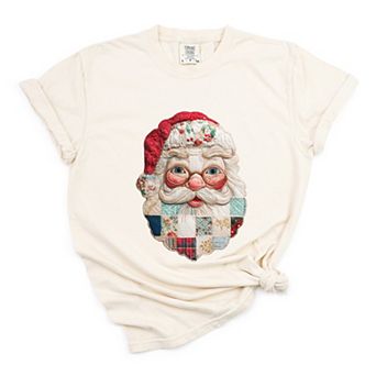Santa Face Patchwork Print - Women's Garment Dyed Tee