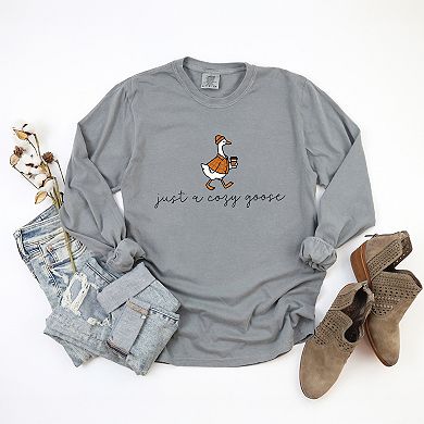 Just A Cozy Goose Plaid - Women's Garment Dyed Long Sleeve Graphic T-Shirt
