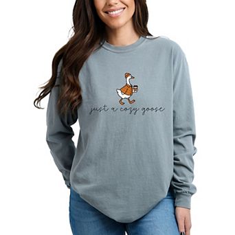 Just A Cozy Goose Plaid - Women's Garment Dyed Long Sleeve Graphic T-Shirt