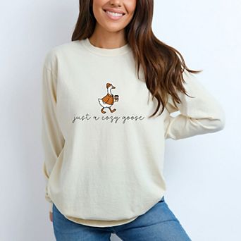 Just A Cozy Goose Plaid - Women's Garment Dyed Long Sleeve Graphic T-Shirt