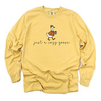 Just A Cozy Goose Plaid - Women's Garment Dyed Long Sleeve Graphic T-Shirt