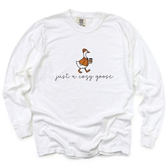 Just A Cozy Goose Plaid - Women's Garment Dyed Long Sleeve Graphic T-Shirt
