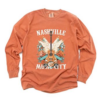 Nashville Music City Guitar Grunge - Womens Garment Dyed Long Sleeve