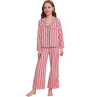 Children's Family Matching Pajamas Sets Striped Notch Collar Button Down Long Sleeve Top and Pants