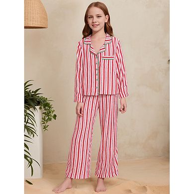 Children's Family Matching Pajamas Sets Striped Notch Collar Button Down Long Sleeve Top and Pants