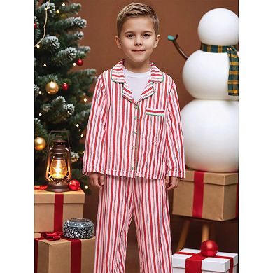 Children's Family Matching Pajamas Sets Striped Notch Collar Button Down Long Sleeve Top and Pants