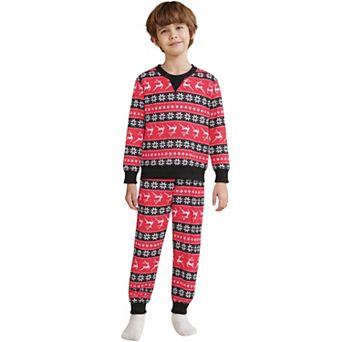 Children's Christmas Family Matching Pajama Set Long Sleeve Elk Snow Striped Xmas Party Lounge Set