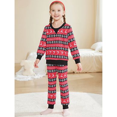 Children's Christmas Family Matching Pajama Set Long Sleeve Elk Snow Striped Xmas Party Lounge Set