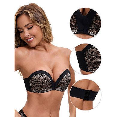 Women's Deep V Strapless Wireless Demi Bandeau Lace Thin on Top Thick on Bottom Push-Up Tube Bra