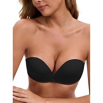 Women's Deep V Strapless Wireless Demi Bandeau Lace Thin on Top Thick on Bottom Push-Up Tube Bra