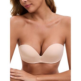 Women's Deep V Strapless Wireless Demi Bandeau Lace Thin on Top Thick on Bottom Push-Up Tube Bra