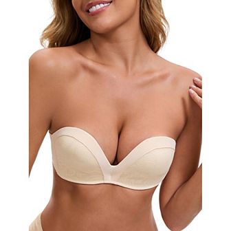 Women's Deep V Strapless Wireless Demi Bandeau Lace Thin on Top Thick on Bottom Push-Up Tube Bra