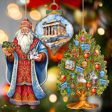 Santas Around the World - Greece Inspired Santa - Wooden Ornaments Set of 3 by G. DeBrekht