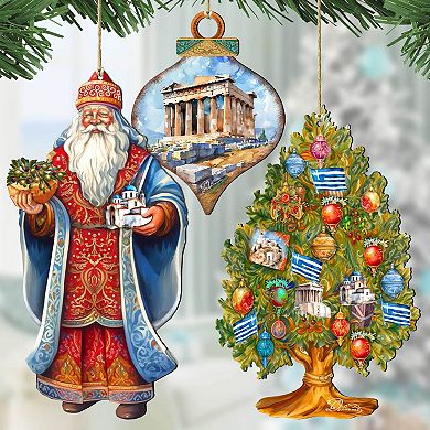 Santas Around the World - Greece Inspired Santa - Wooden Ornaments Set of 3 by G. DeBrekht