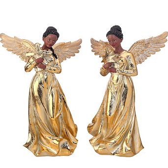 14" African-American Angel Figurines Set of 2 pc Assorted Elegant Christmas Decorations