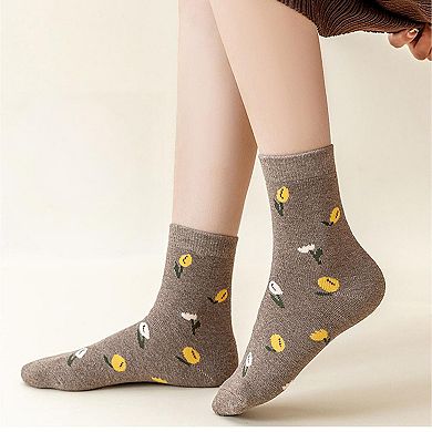Women's 4 Pairs Knit Socks with Floral and Plaid Patterns Soft Warm Fabric and Ribbed Comfort Cuffs