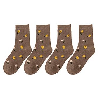Women's 4 Pairs Knit Socks with Floral and Plaid Patterns Soft Warm Fabric and Ribbed Comfort Cuffs