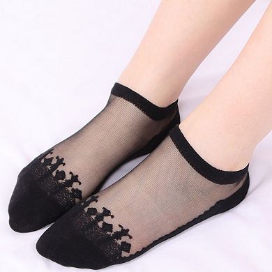 Women's 6 Pairs Sheer Mesh Ankle Socks with Soft Knit Sole and Delicate Lace Trim Low-Cut Design