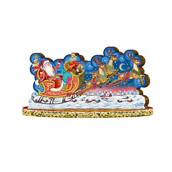 Santa Sleigh Ride with Reindeer Wooden Decor Tabletop Centerpiece by G DeBrekht