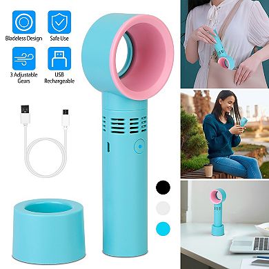 Portable Bladeless Handheld Fan USB Rechargeable Cooling Fan with 3 Speeds & LED Indicator