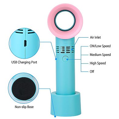 Portable Bladeless Handheld Fan USB Rechargeable Cooling Fan with 3 Speeds & LED Indicator