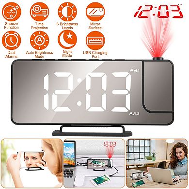 7.7in Projection Alarm Clock LED Mirror Clock with Dual Alarms, USB Port & 6 Dimmer Levels