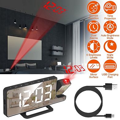 7.7in Projection Alarm Clock LED Mirror Clock with Dual Alarms, USB Port & 6 Dimmer Levels