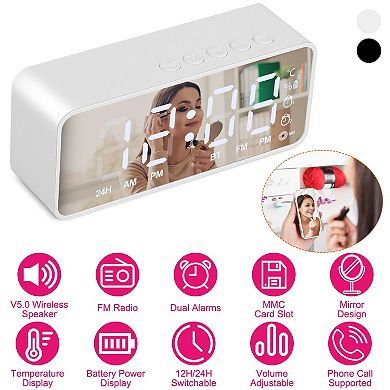 Mirror Digital Alarm Clock LED Wireless Speaker Clock with FM Radio & Temperature Display