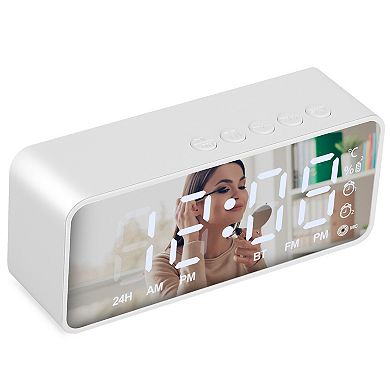 Mirror Digital Alarm Clock LED Wireless Speaker Clock with FM Radio & Temperature Display
