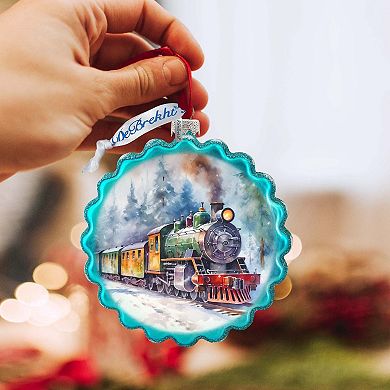 Christmas Train Wreath Glass Ornament by G. Debrekht